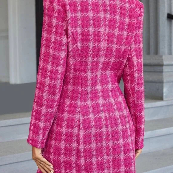Plaid Double Breasted Pink Tweed Blazer Dress Mini Dress - Picture 5 of 9